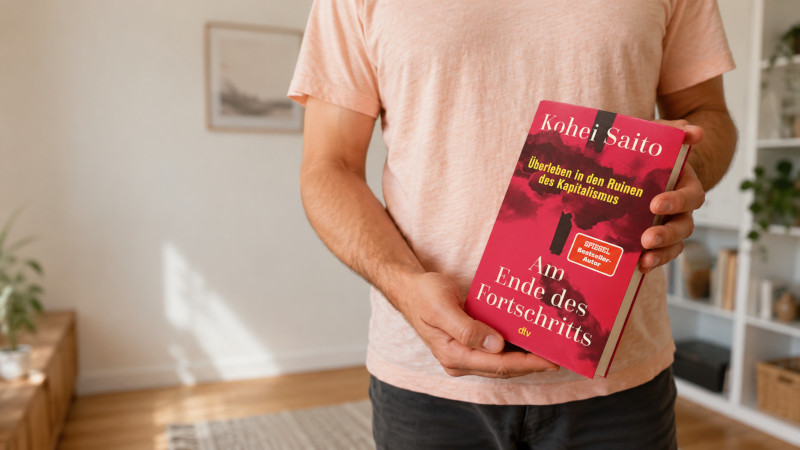 Das Buch „Am Ende des Fortschritts“ von Kohei Saito in der Hand gehalten