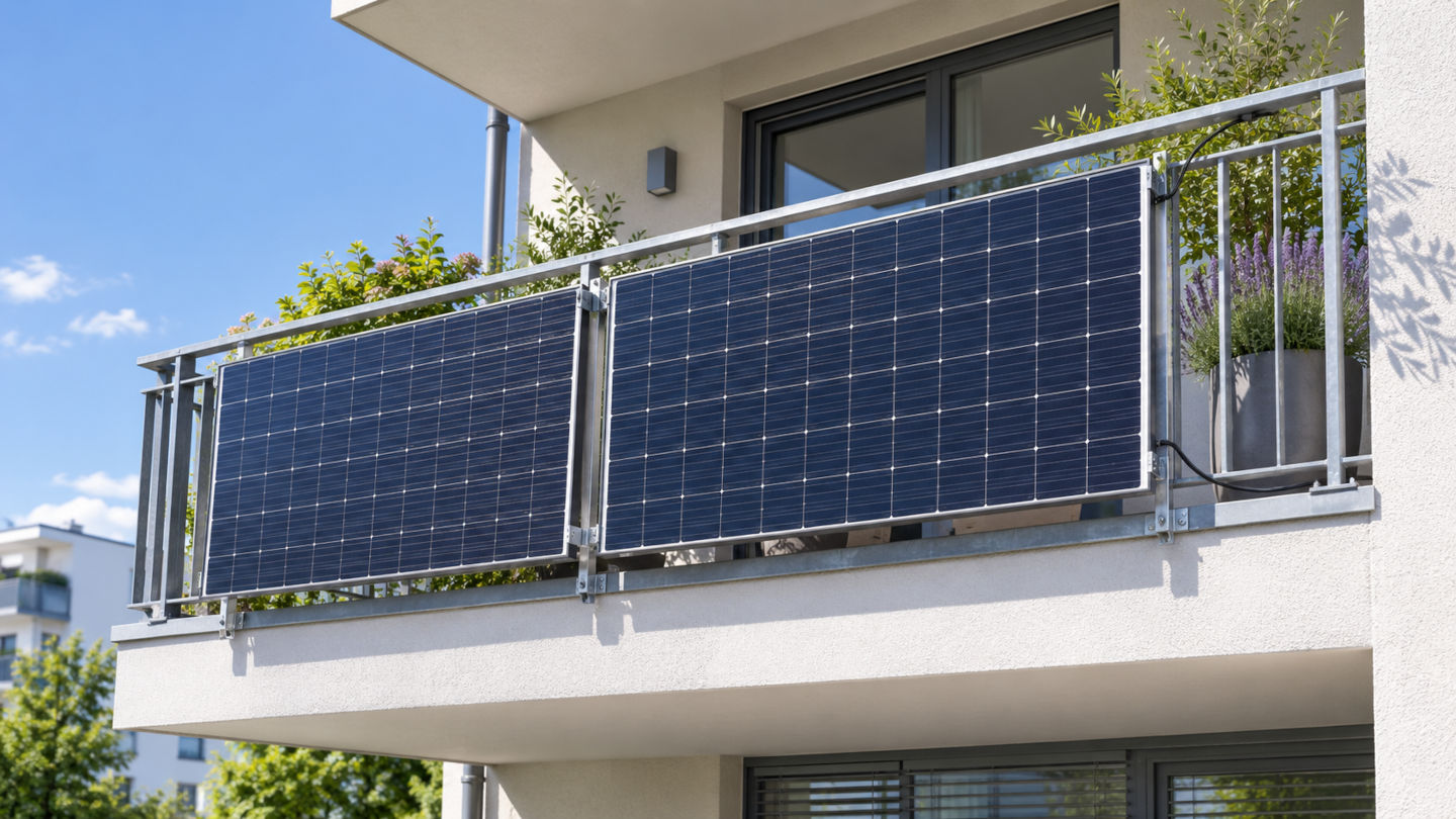 Zwei Solarmodule an der Brüstung eines Balkons an einem Mehrfamilienhaus