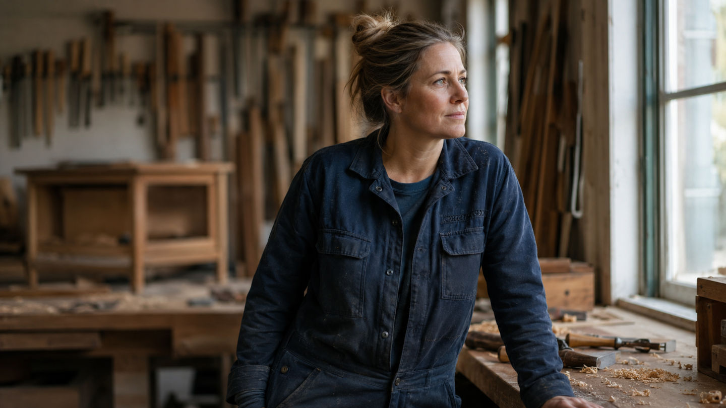 Handwerkerin in der Werkstatt legt eine Pause ein und denkt über die Absicherung ihrer Arbeitskraft nach